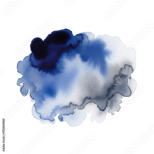 a large, sophisticated abstract watercolor wash blending deep indigo, soft cerulean blue, and cool steel gray with feathered edges on textured paper, isolated on bright white. concept of serene