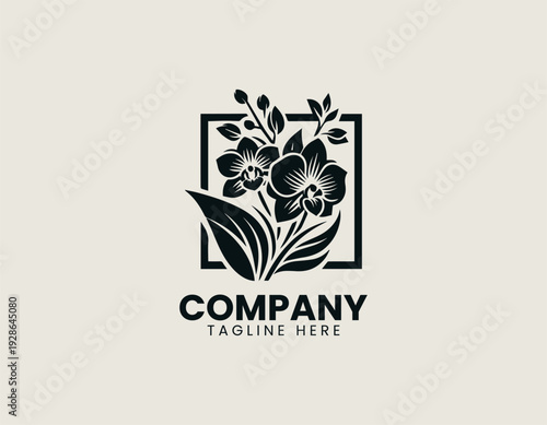 Elegant orchid flowers with buds and flowing leaves are presented as clean monochrome vector logo on white background for floral branding use