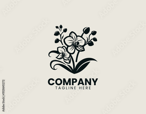 Elegant orchid flowers with buds and flowing leaves are presented as clean monochrome vector logo on white background for floral branding use