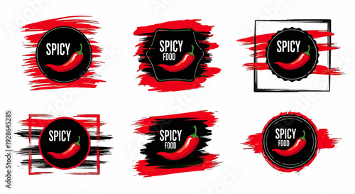 Conjunto de seis rótulos e emblemas de comida picante com pimentão vermelho, texto e pinceladas vibrantes para design de menu ou embalagem.