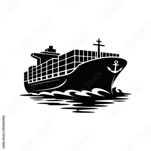 Large cargo container ship silhouette, maritime freight transportation and global logistics delivery icon for sea trade industry