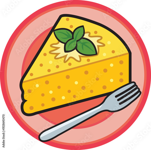 Slice of Yellow Cake on Pink Plate With Fork and Green Garnish, Food Dessert Illustration