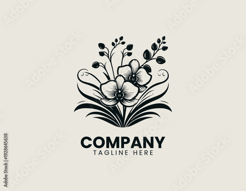 Elegant orchid flowers with buds and flowing leaves are presented as clean monochrome vector logo on white background for floral branding use