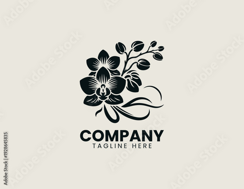 Elegant orchid flowers with buds and flowing leaves are presented as clean monochrome vector logo on white background for floral branding use