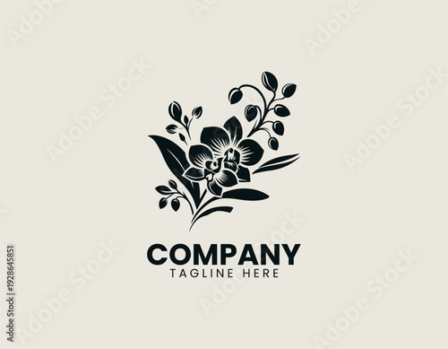 Elegant orchid flowers with buds and flowing leaves are presented as clean monochrome vector logo on white background for floral branding use