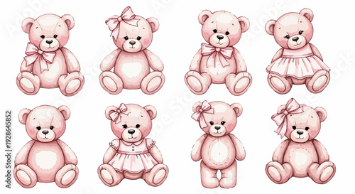 Coleção adorável de oito ursinhos de pelúcia rosa com laços e vestidos, ilustrados em estilo aquarela para design infantil e celebrações de bebê.