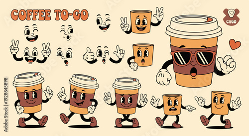 Coleção de personagens de copos de café animados em estilo retrô dos anos 70, com diversas expressões faciais e gestos de mão divertidos para design.