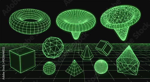 Uma coleção de formas geométricas 3D em wireframe, exibindo um brilho verde neon sobre um fundo escuro com grade, representando conceitos digitais e tecnológicos.