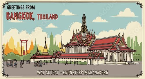 Ilustração vintage de Bangkok, Tailândia, com o majestoso Wat Suthat e o Baloiço Gigante, celebrando a cultura e arquitetura local.