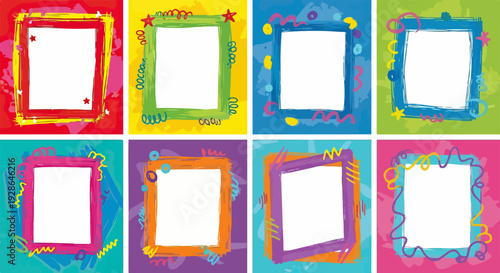 Coleção vibrante de molduras coloridas com bordas decorativas em estilo rabisco, ideais para design infantil e elementos gráficos criativos.