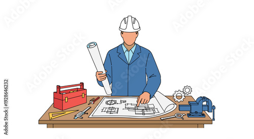A male engineer wearing a blue coat and white hard hat stands at a wooden workbench holding a blueprint and pointing at technical drawings on the table.