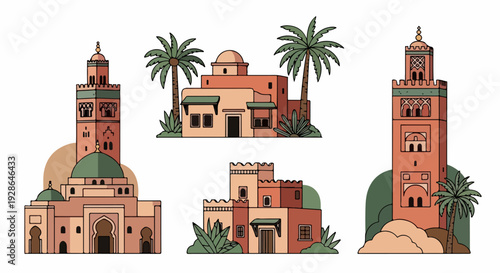 Coleção de ilustrações vetoriais de arquitetura tradicional do Norte da África e Oriente Médio, com mesquitas, minaretes e palmeiras, em estilo plano.