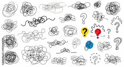 Conjunto de rabiscos emaranhados, nós de linhas e pontos de interrogação, simbolizando confusão, problemas, ideias e processos mentais.
