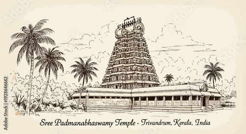 Ilustração vintage do Templo Sree Padmanabhaswamy em Trivandrum, Kerala, Índia, com palmeiras exuberantes ao redor, destacando sua arquitetura sagrada e beleza tropical.
