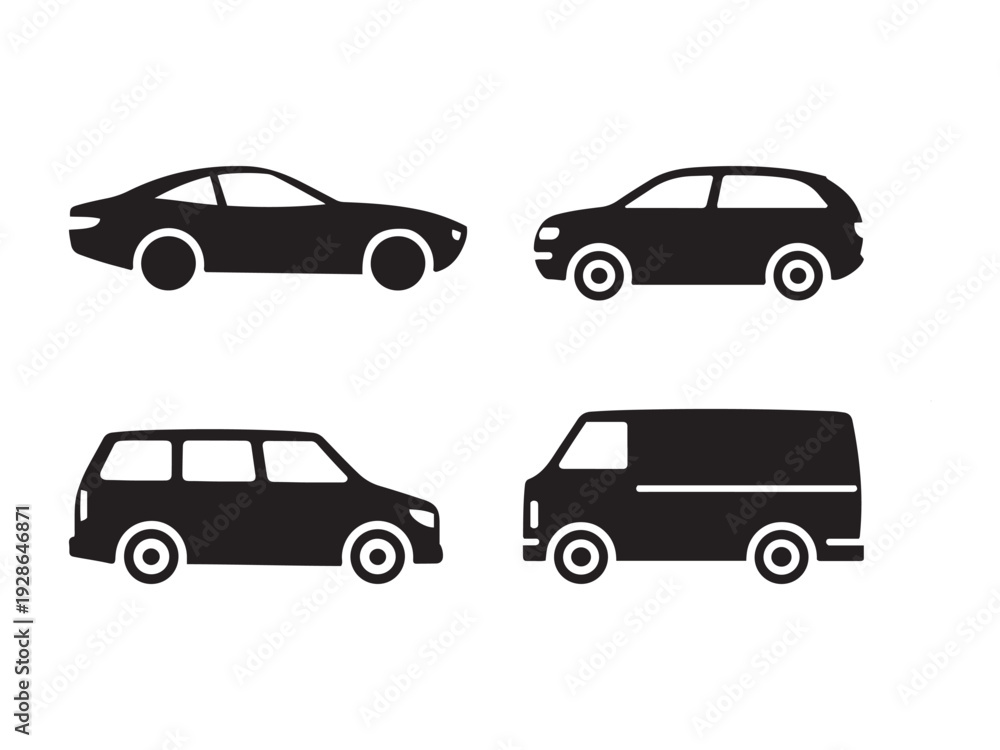 Fototapeta premium Four black vehicle on white background sedan minivan