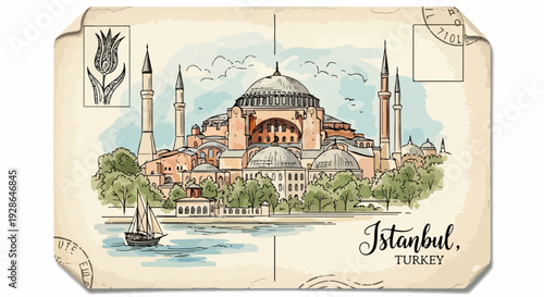 Cartão postal vintage ilustrado da majestosa Hagia Sophia em Istambul, Turquia, com veleiro no Bósforo e detalhes de selo.