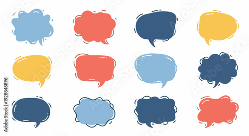 Coleção vibrante de balões de fala e pensamento em estilo doodle, com contornos rabiscados e formas irregulares, ideal para comunicação e design.