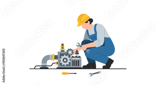 A female mechanic wearing a yellow hard hat and blue overalls crouches to repair a gray industrial gear machine using a metal wrench on a white background.