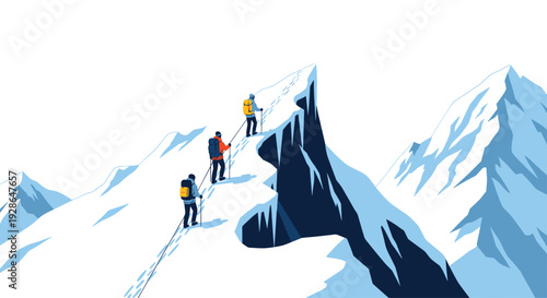 Three mountaineers wearing winter gear and backpacks climb a steep snowy mountain ridge while connected by a safety rope against a white and blue background.