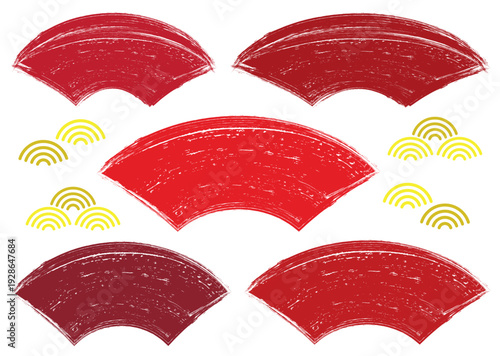 手描き筆タッチの和風扇型フレームセット/赤