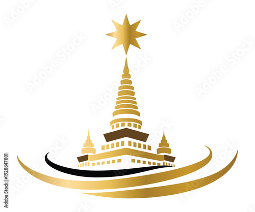 Golden pagodas and ancient stupas of Wat Phra Kaew stand against a blue sky, showcasing Thai Buddhist architecture and religious culture in Bangkok, Thailand