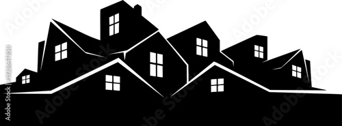 Dark  abstract house rooflines with white windows white background home building
