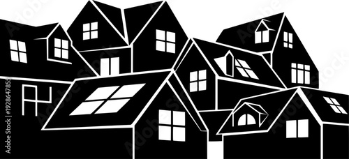 Dark  abstract house rooflines with white windows white background home building
