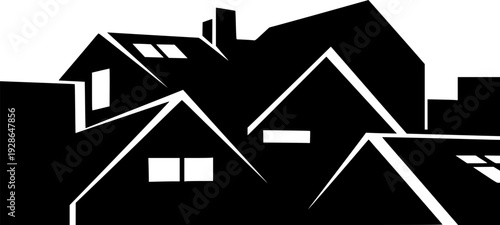 Dark  abstract house rooflines with white windows white background home building
