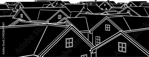 Dark  abstract house rooflines with white windows white background home building
