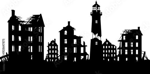 Black silhouettes of destroyed buildings and a lighthouse a white background destruction ruin
