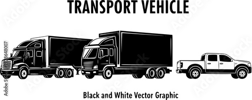 Black and white graphic of three trucks and text transport vehicle

