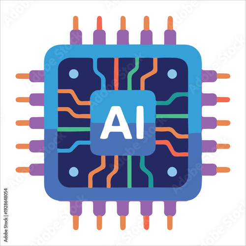 AI Processor Chip Line Icon Vector, Artificial Intelligence CPU Microchip Technology Symbol, Neural Network Computing EPS 10