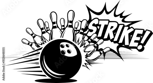 Bowling ball rolling towards pins strike concept
