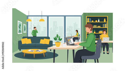 Modern office with coworkers working on laptops in green interior
