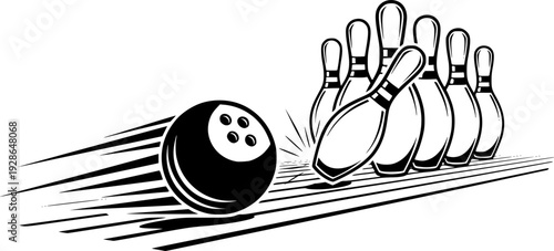Bowling ball rolling towards pins strike concept
