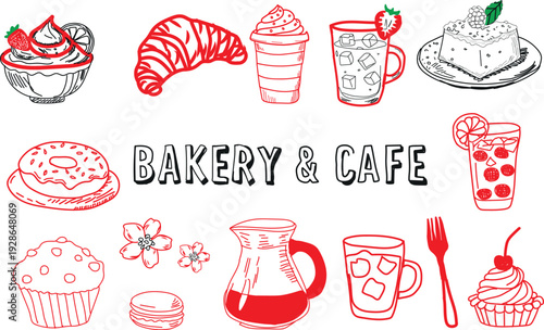 Hand drawn sketch collection featuring assorted bakery and cafe items like delicious pastries croissants sweet desserts iced beverages and handwritten lettering designating a delightful morning or aft