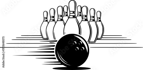 Bowling ball rolling towards pins strike concept
