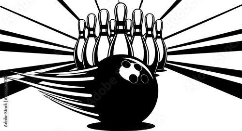 Bowling ball rolling towards pins strike concept
