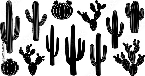 Collection of various black cactus silhouettes on a white background for design projects
