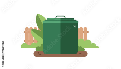 Green recycling bin with handle on brown soil and wooden fence background