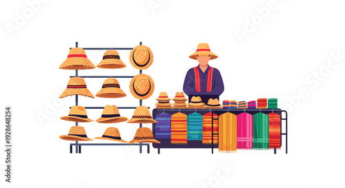 A male vendor wearing a traditional hat standing behind a market stall filled with straw hats and vibrant textiles.