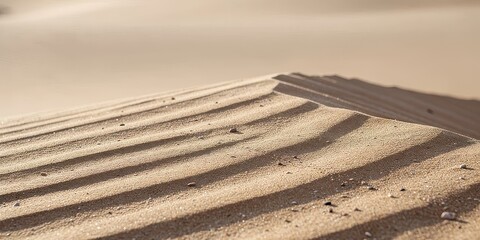 Wind shaped sand dunes with dramatic rippled patterns and soft shadows under warm light, minimal desert landscape background with copy space for travel, nature, and environmental themes