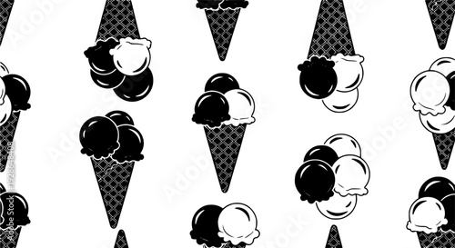 Seamless pattern of black and white ice cream cones and scoops

