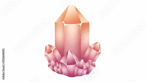 Exquisite radiant pink and orange crystal cluster illustration, beautifully faceted and glowing, evoking feelings of serenity, spiritual connection, and natural wonder