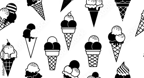 Seamless pattern of black and white ice cream cones and scoops

