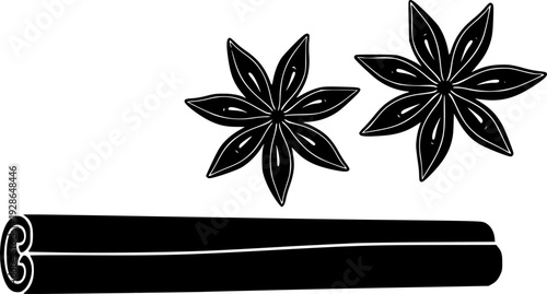 Minimalist black of a cinnamon stick and star anise spice white food
