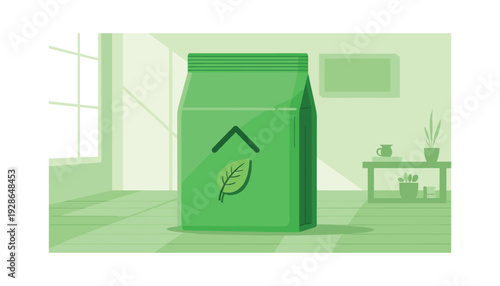 Eco friendly green bag with leaf logo in modern room