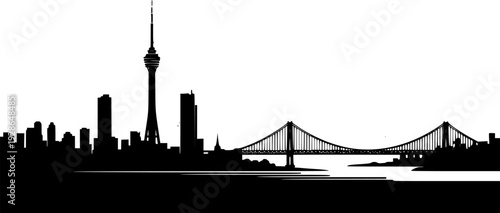 Minimalist black and white of a city skyline featuring a tower and suspension bridge cityscape
