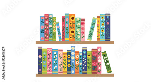 Two wooden bookshelves display a variety of colorful books with floral spine designs including sunflowers and roses on a white background.