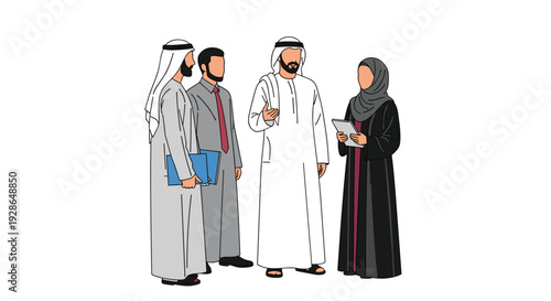Four Arab professionals including two men in thobes and a woman in a black abaya stand together talking against a white background.